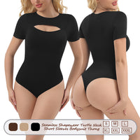 Wholesale A1026  Women's Seamless Shapewear Turtle Neck Short Sleeves Bodysuit Thong