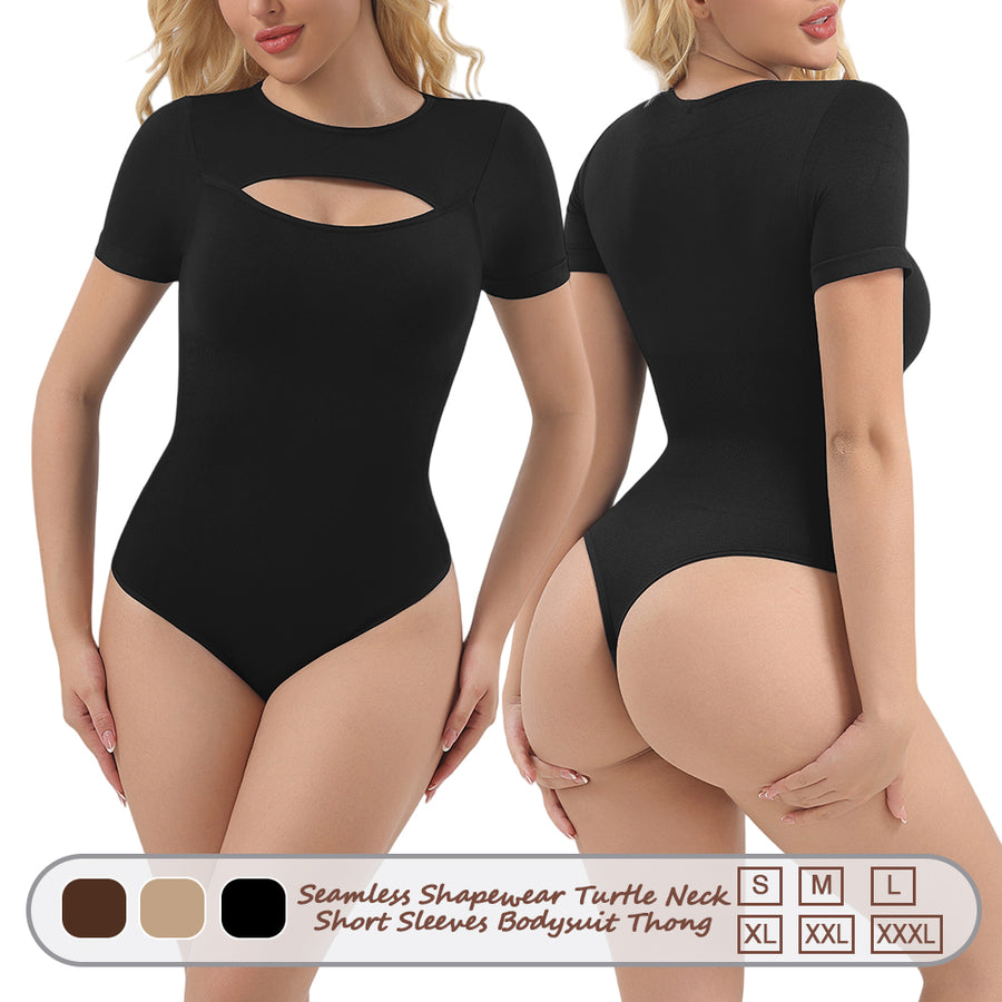 Großhandel A1026 Damen nahtlose Shapewear Turtle Neck Kurzarm-Body Tanga